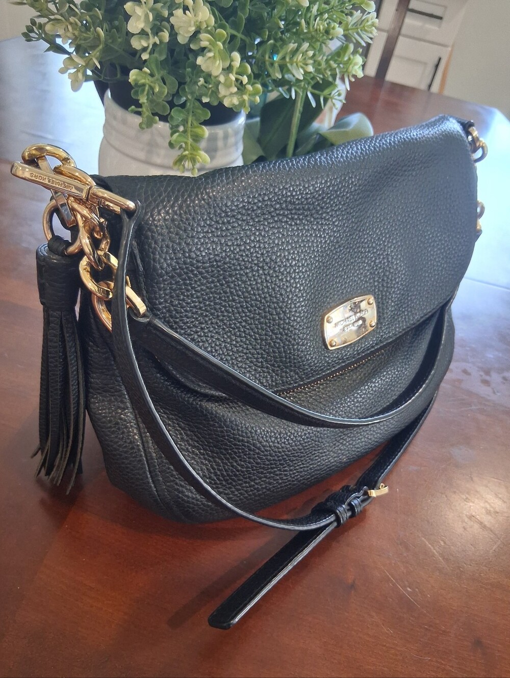 Michael Kors Black Pebbled Leather Shoulder Bag with Gold Hardware